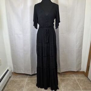 O'Neill Black Boho Maxi Dress Tassel Tie Waist Tiered Small